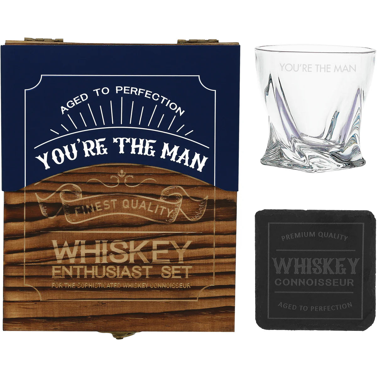 Wooden Gift Box with Rocks Glass