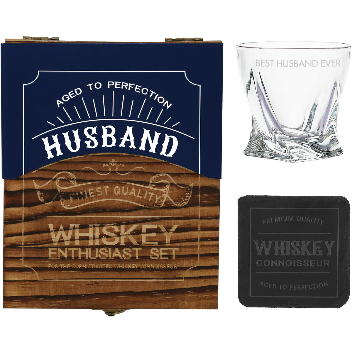 Wooden Gift Box with Rocks Glass