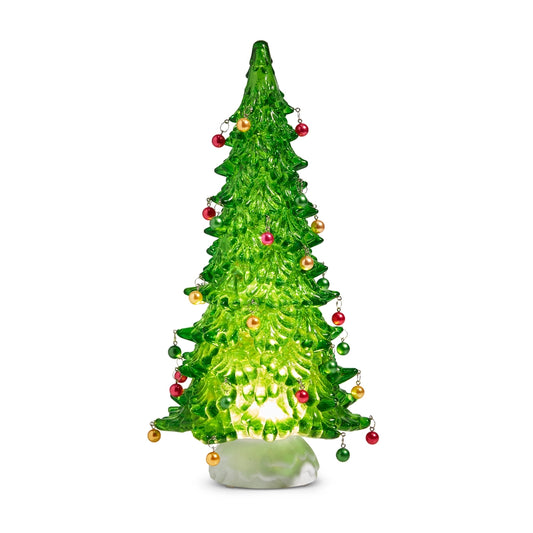 Lighted Green Tree with Ornaments and Swirling Glitter