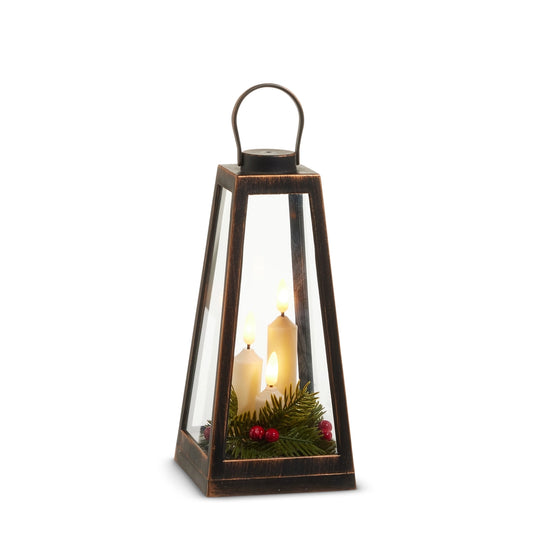 Distressed Lantern with Candles and Greenery